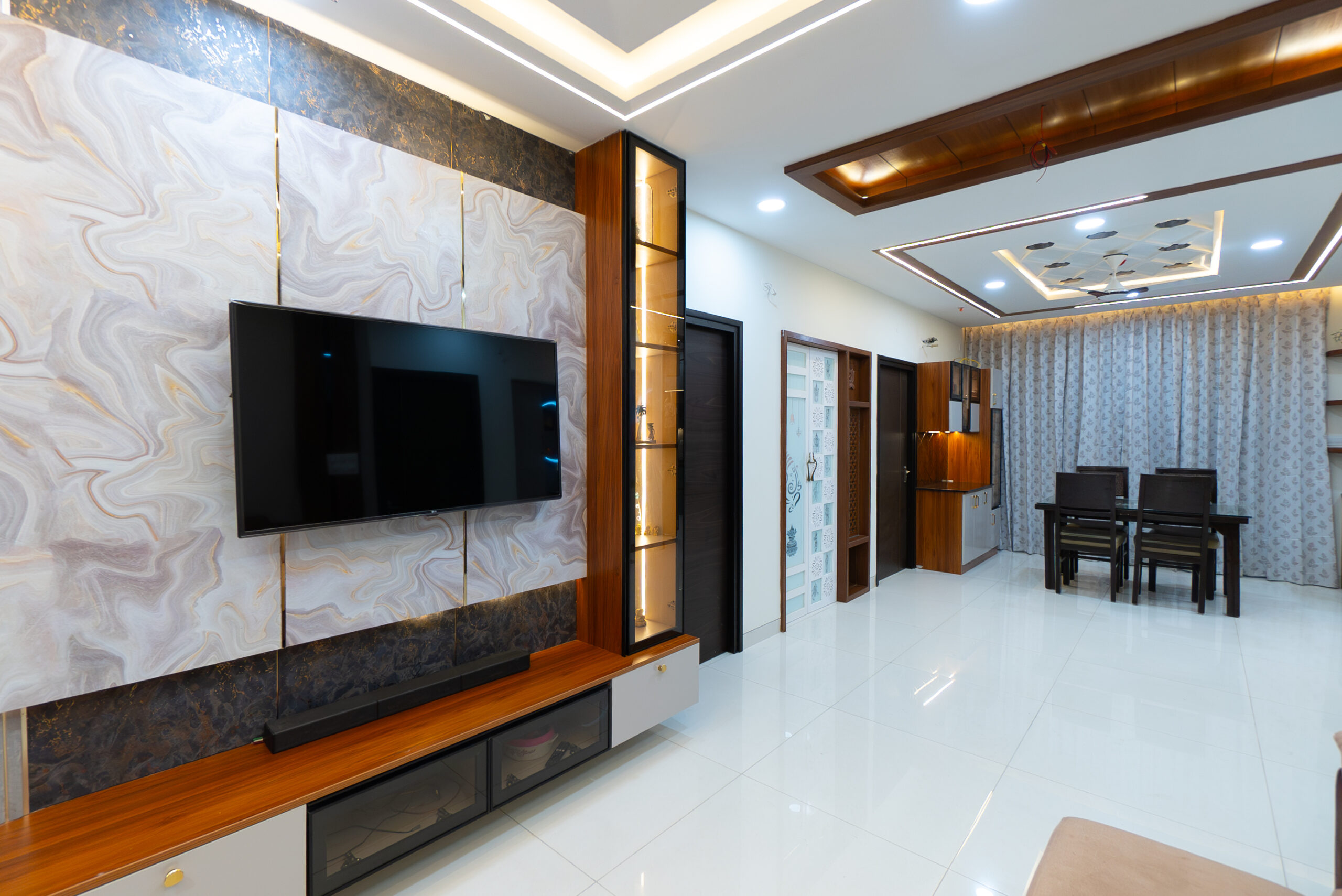 Modern Living Room Interior Design with TV Unit and Dining Space
