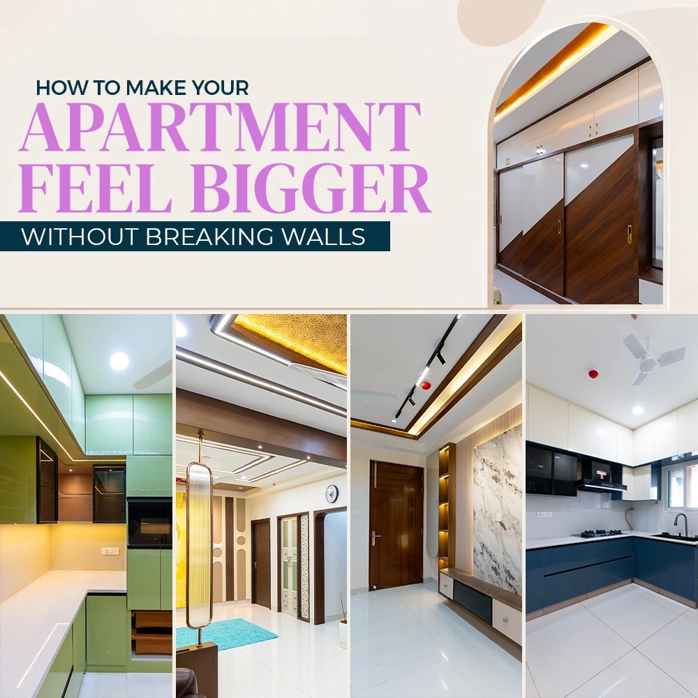 Modern apartment interior with smart storage, space-saving furniture, natural lighting, and an open layout designed by expert interior designers for apartments in Hyderabad to create a spacious and comfortable home.
