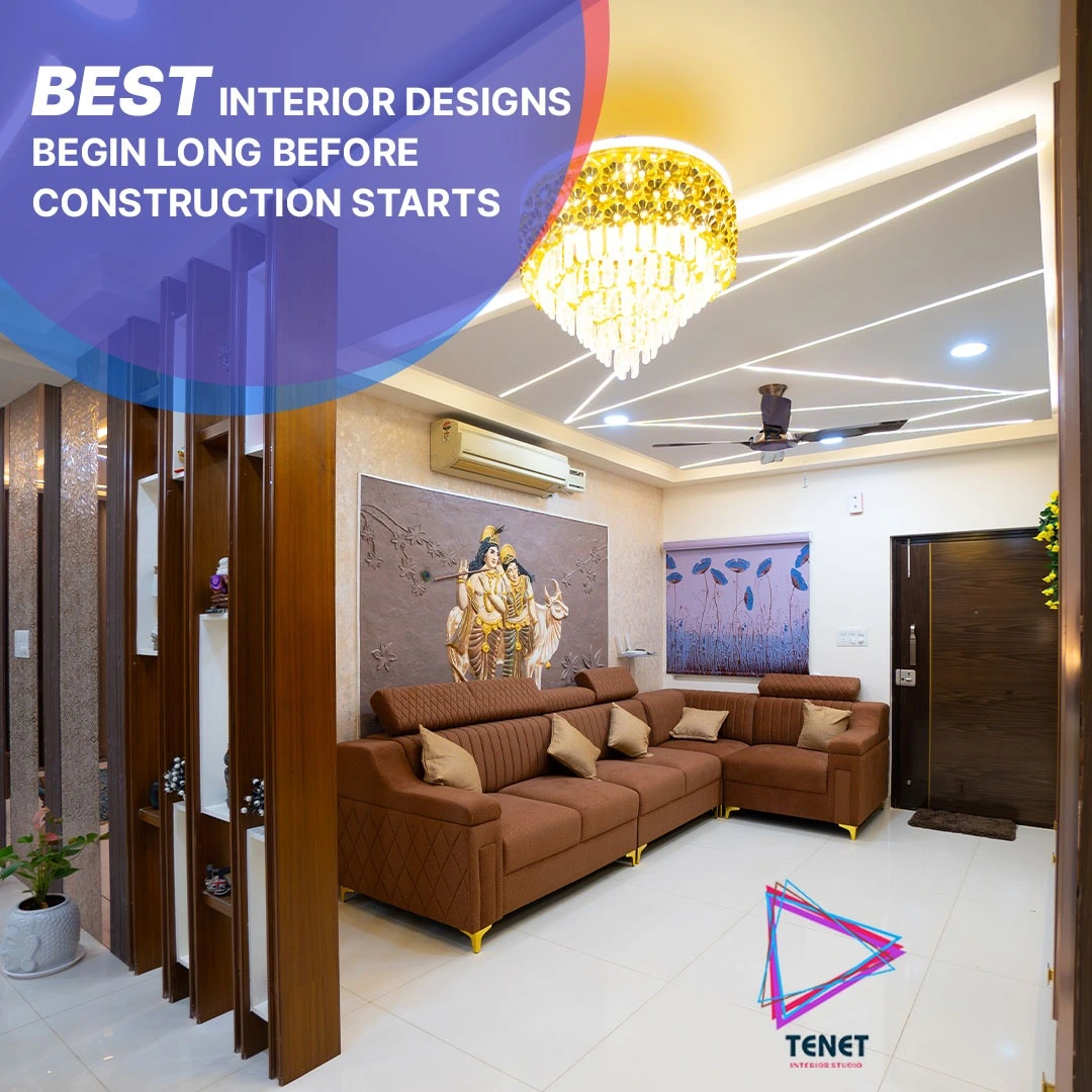 Modern living room interior designed by the best interior designers in Hyderabad with elegant furniture, lighting, and decor