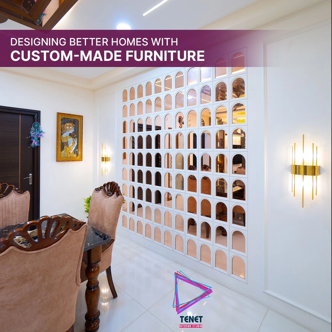 Custom-made furniture and elegant dining room interior designed by professional interior designers in Hyderabad
