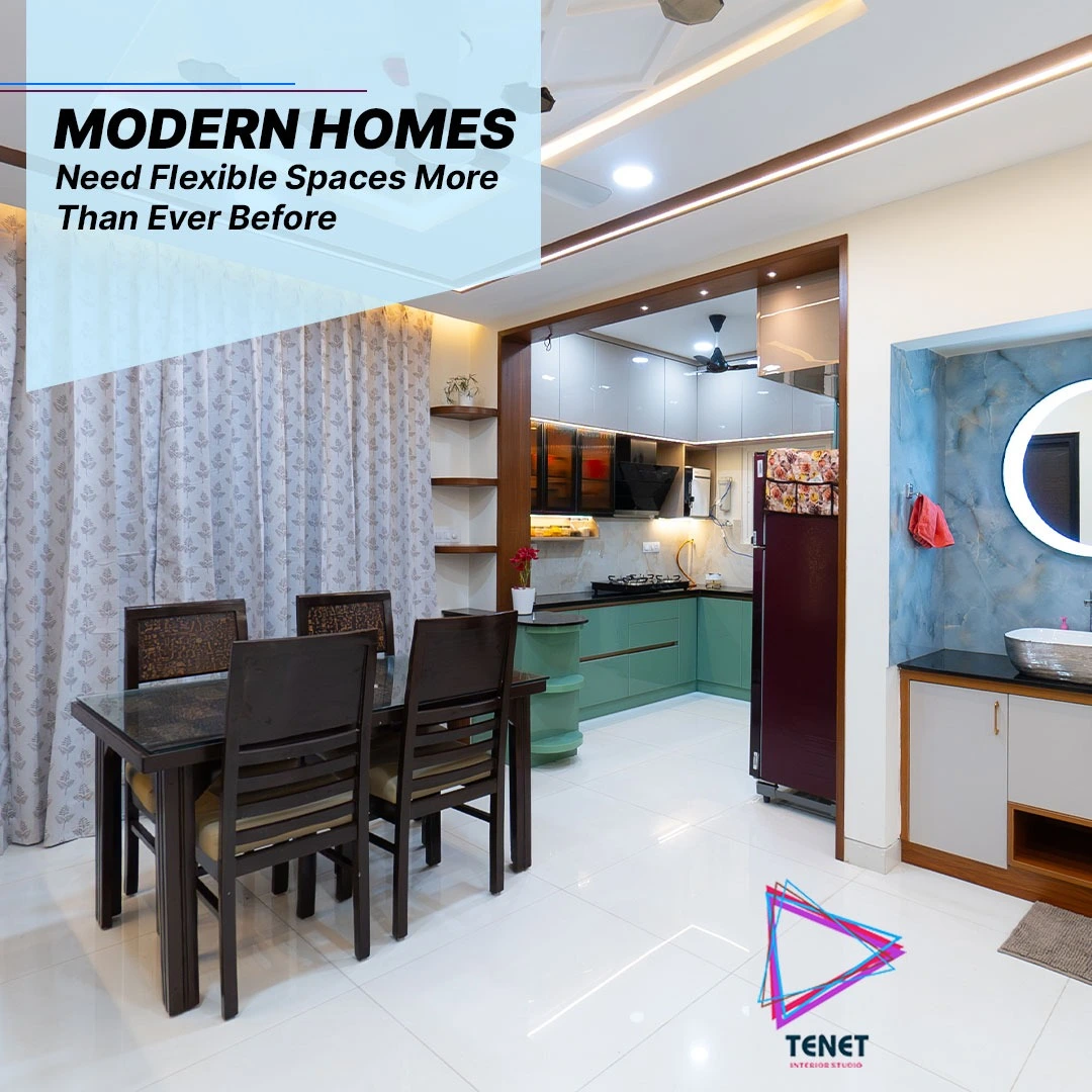 Modern home interior designed by interior designers in Hyderabad featuring a flexible living and dining space with a stylish modular kitchen
