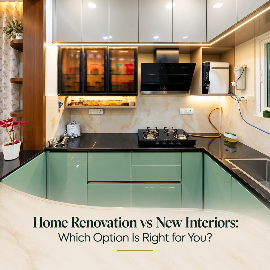 Modern modular kitchen renovation with sleek mint green cabinets, black granite countertop, and ambient lighting by interior designers in Hyderabad.