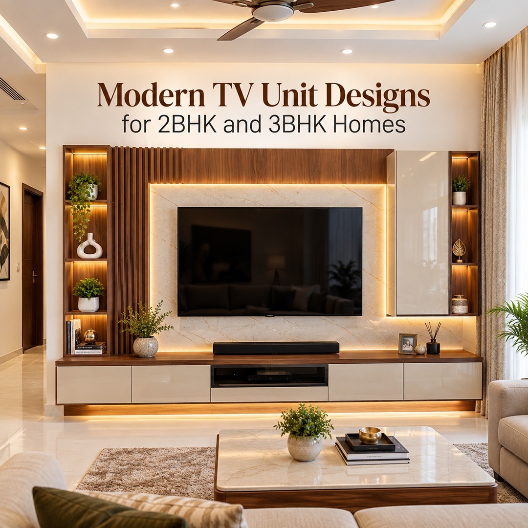 Modern TV unit design for 2BHK and 3BHK homes with custom wood paneling and ambient lighting by expert interior designers in Hyderabad.